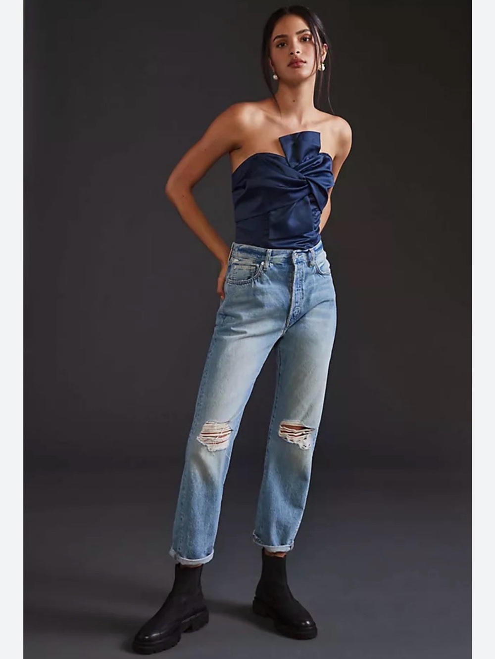 Anthropologie Navy Strapless Twist-Front Top